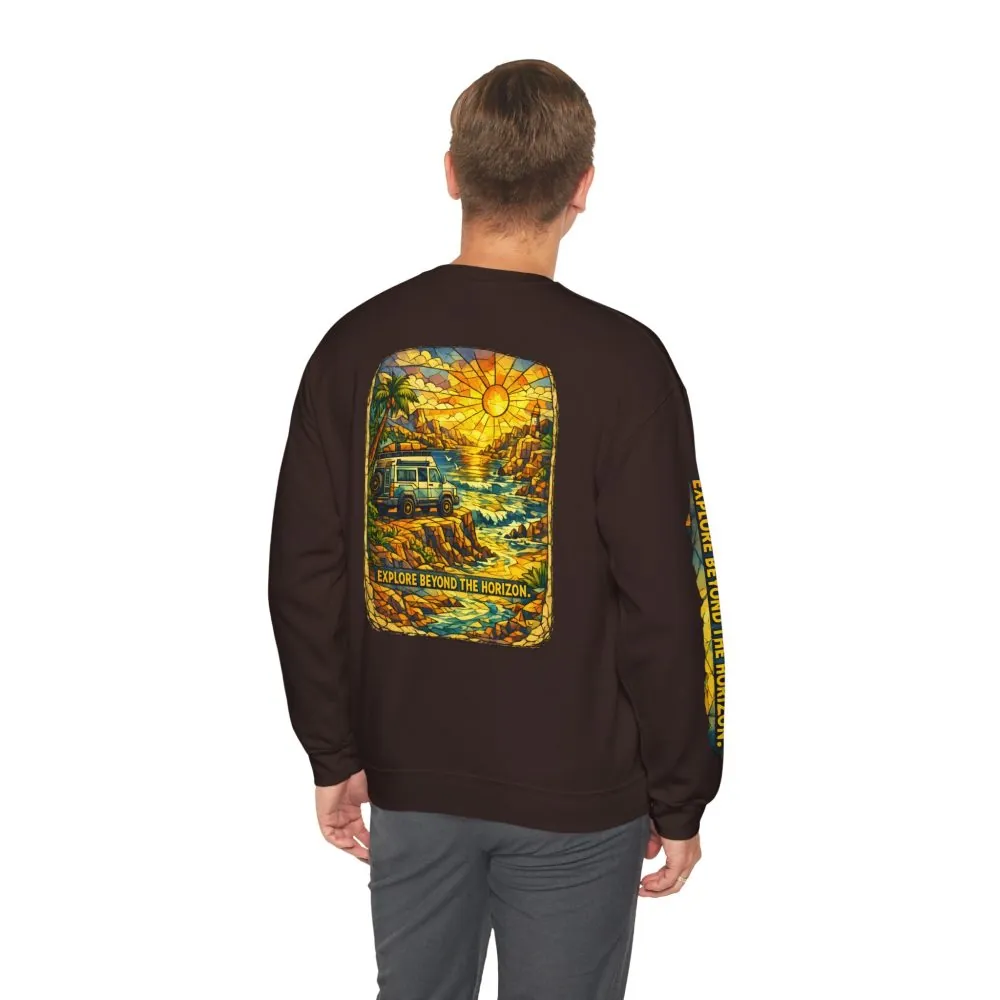 Unisex Heavy Blend™ Crewneck Sweatshirt — "Explore Beyond The Horizon" Design Cubic-Line