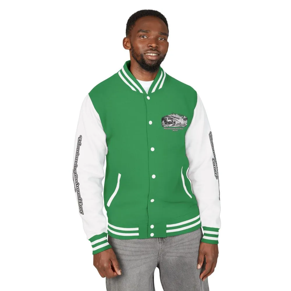 6061174913315825392_2048.jpeg Unisex Heavyweight Letterman Jacket — "Adventure Awaits Around Every Corner" Travel Varsity Coat