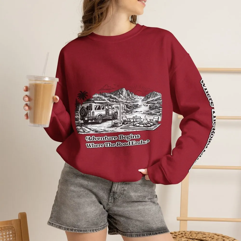 6077498074882406660_2048.jpeg Unisex Heavy Blend™ Crewneck Sweatshirt — "Adventure Begins Where The Road Ends" Design Minimal-Line