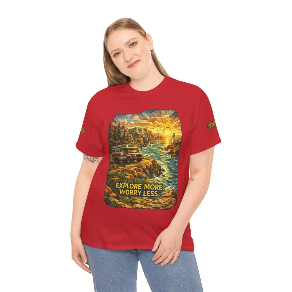 6083477421174413102_2048.jpeg Unisex Heavy Cotton Tee — "Explore More Worry Less" Design Cubic-Line