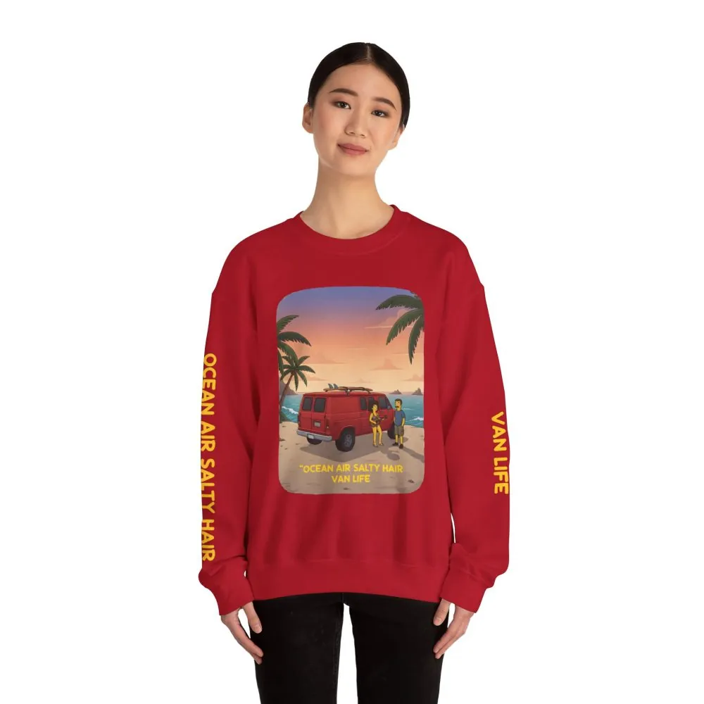 Unisex Heavy Blend™ Crewneck Sweatshirt — "Ocean Air Salty Hair Van Life" Design Sitcom-Line