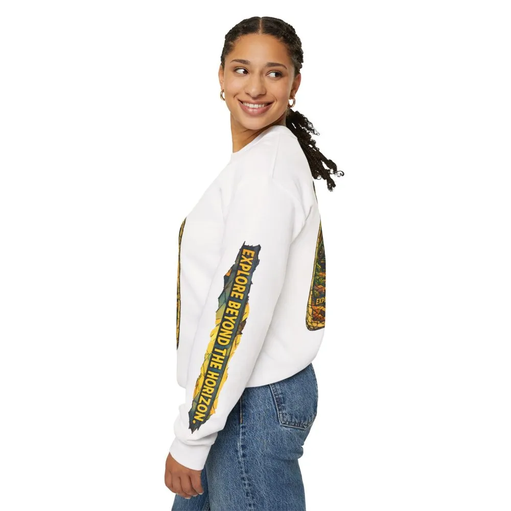 Unisex Heavy Blend™ Crewneck Sweatshirt — "Explore Beyond The Horizon" Design Cubic-Line