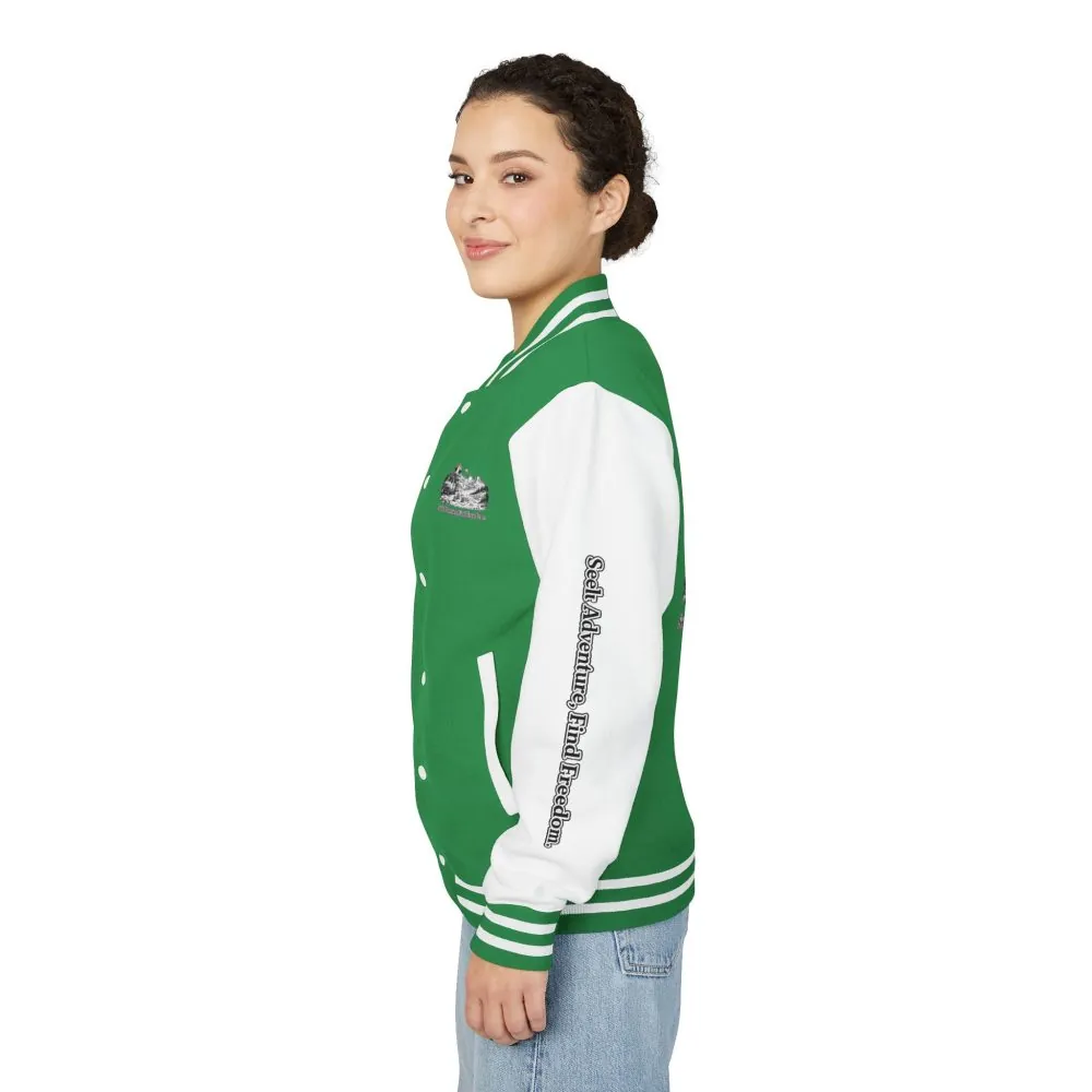 Unisex Heavyweight Letterman Jacket — "Seek Adventure, Find Freedom" Travel Varsity Coat