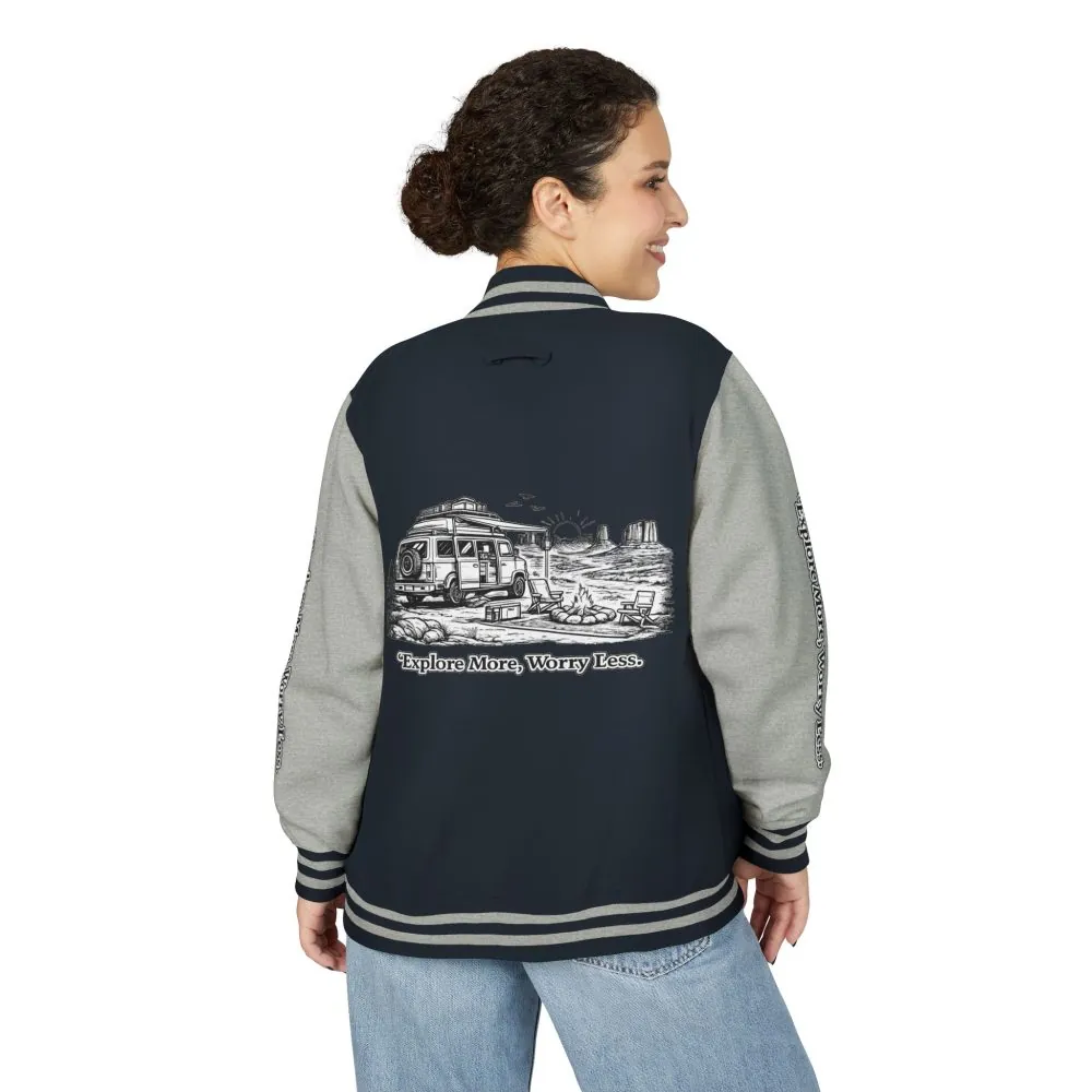 6126901861409074570_2048.jpeg Unisex Heavyweight Letterman Jacket — "Explore More Worry Less" Travel Varsity Coat