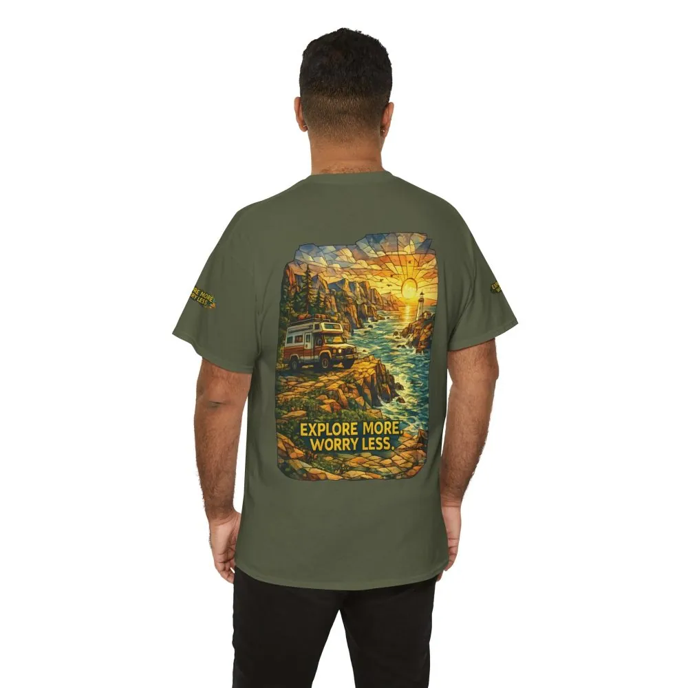 6151290924185646643_2048.jpeg Unisex Heavy Cotton Tee — "Explore More Worry Less" Design Cubic-Line