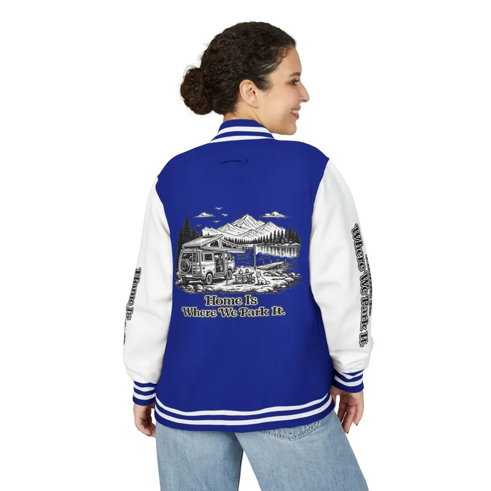 6153193663382559599_2048.jpeg Unisex Heavyweight Letterman Jacket — "Home Is Where You Park It" Travel Varsity Coat