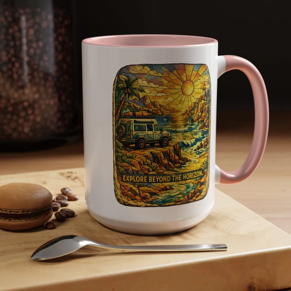 Accent Coffee Mug (11, 15oz) — "Explore Beyond The Horizon" Design Cubic-Line