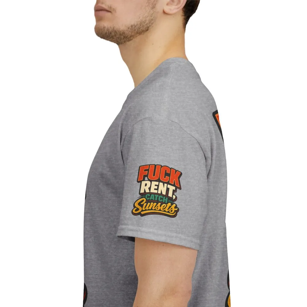 Unisex Heavy Cotton Tee — "Fuck Rent Catch Sunsets" Design F**K-Line