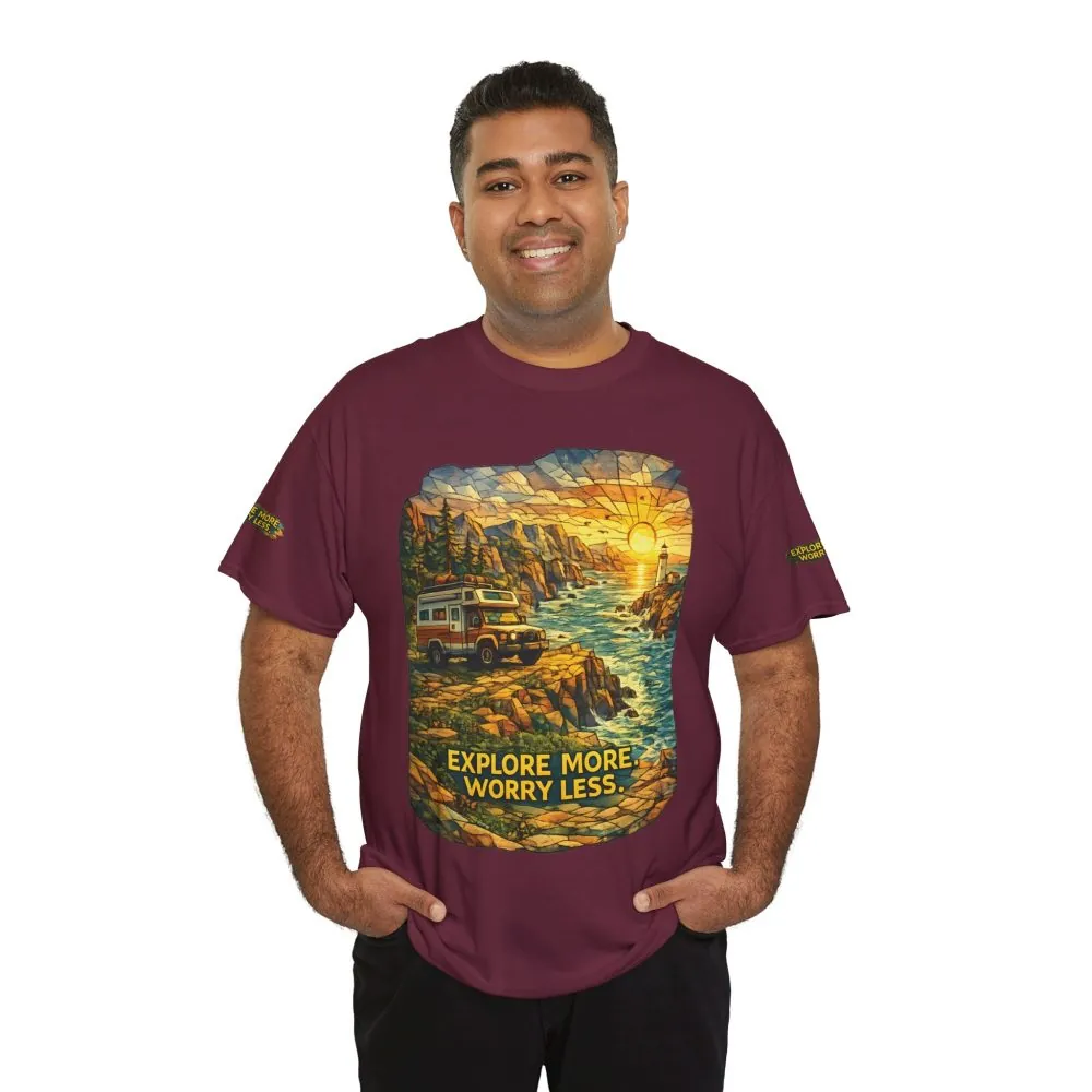 6227521443066285422_2048.jpeg Unisex Heavy Cotton Tee — "Explore More Worry Less" Design Cubic-Line