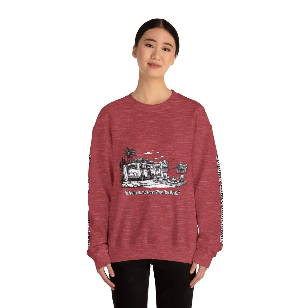 625655349835328669_2048.jpeg Unisex Heavy Blend™ Crewneck Sweatshirt — "Home Is Where You Park It" Design Minimal-Line