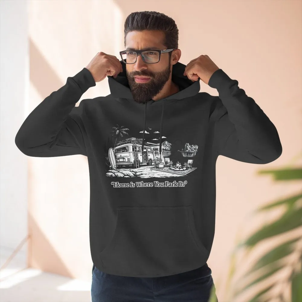 6280470840405186401_2048.jpeg Three-Panel Fleece Hoodie - "Home Is Where You Park It" Design Minimal-Line