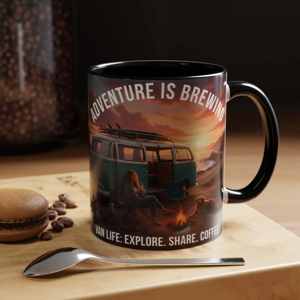 Accent Coffee Mug (11, 15oz) — "Adventure is brewing"