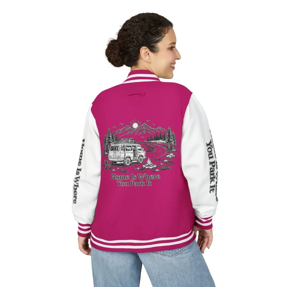 6292303902986044087_2048.jpeg Unisex Heavyweight Letterman Jacket — "Home Is Where You Park It" Travel Varsity Coat
