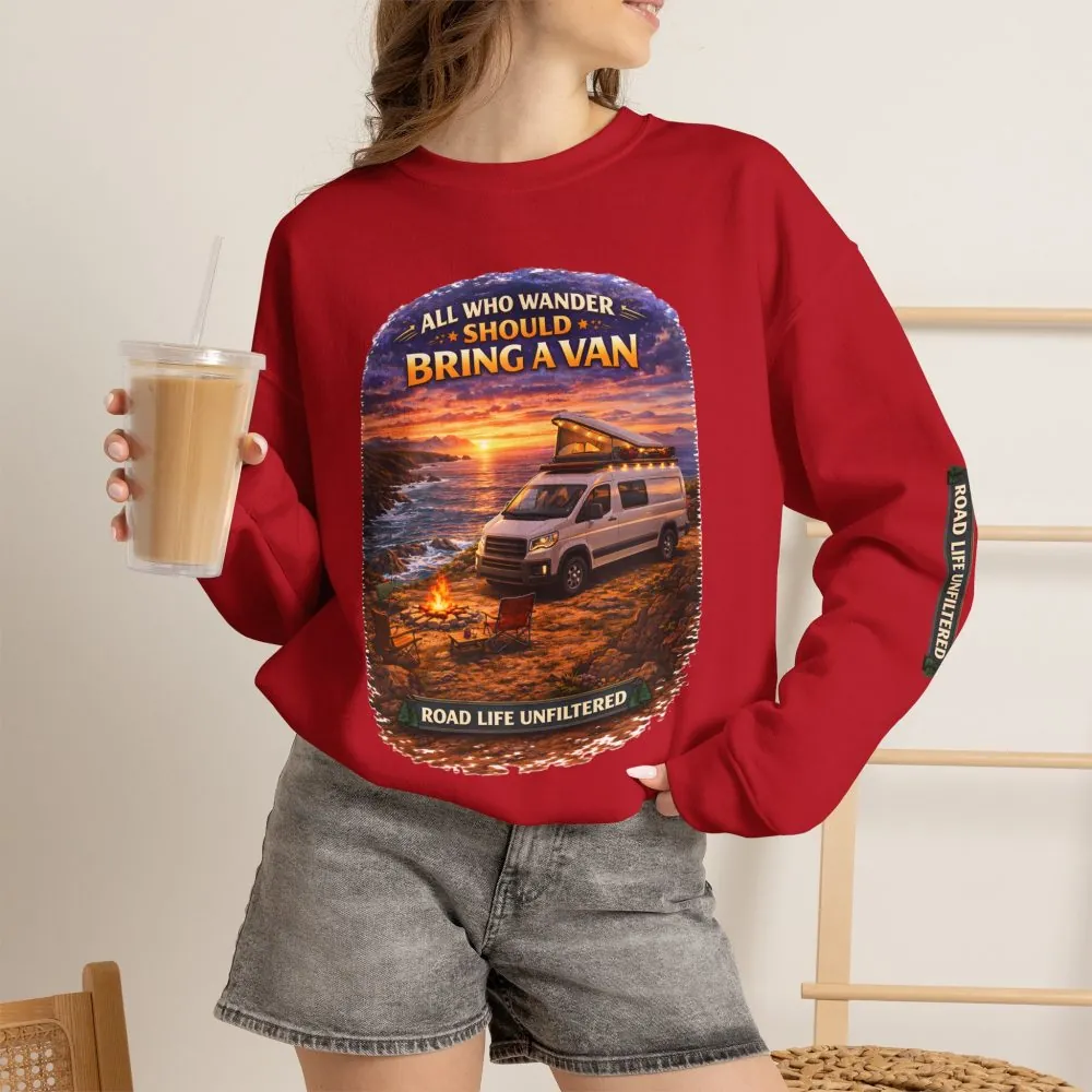 6302712151662104986_2048.jpeg Unisex Heavy Blend™ Crewneck Sweatshirt — "All Who wander Should Bring A Van" Design Scenic-Line