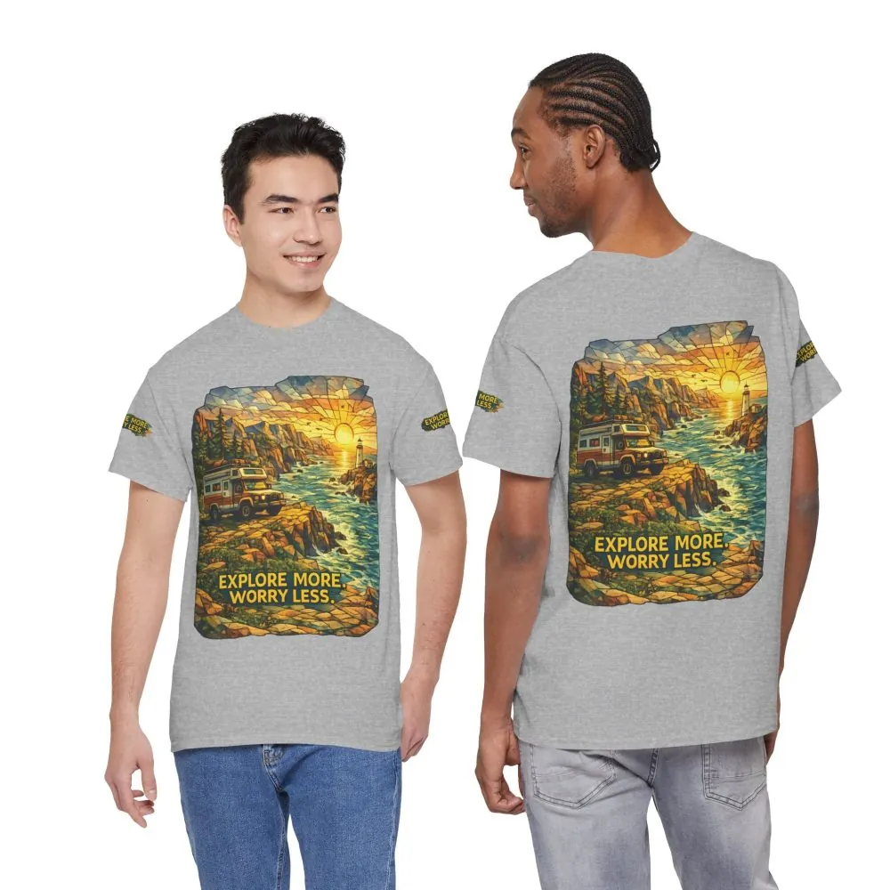 6320290205428827352_2048.jpeg Unisex Heavy Cotton Tee — "Explore More Worry Less" Design Cubic-Line