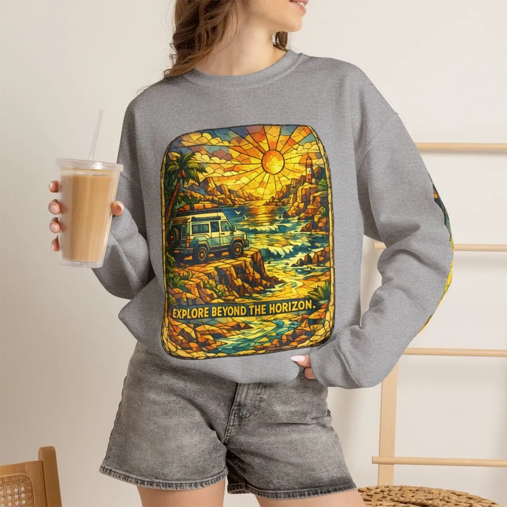 Unisex Heavy Blend™ Crewneck Sweatshirt — "Explore Beyond The Horizon" Design Cubic-Line