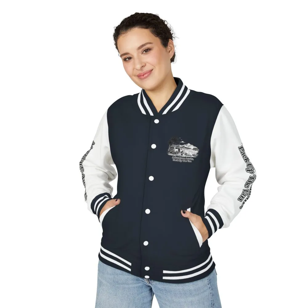 6350359226611650263_2048.jpeg Unisex Heavyweight Letterman Jacket — "Adventure Awaits,Pack Up The Van" Travel Varsity Coat