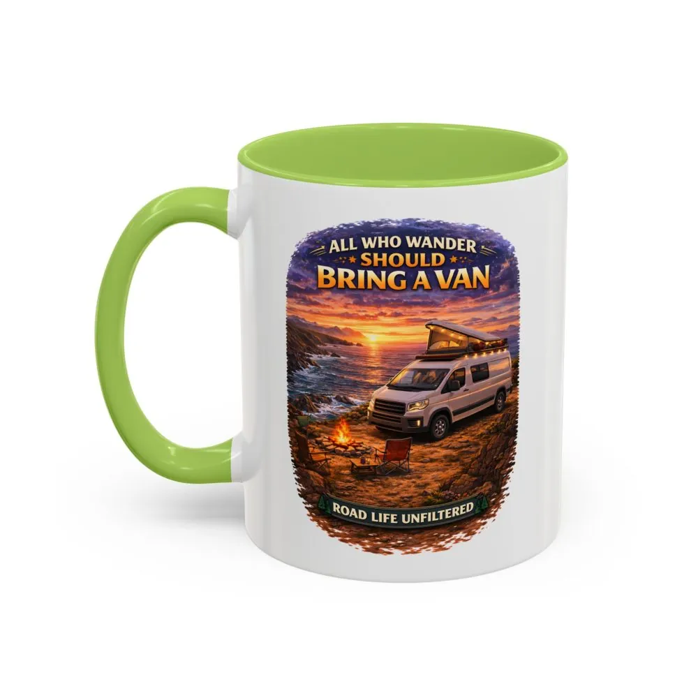 Accent Coffee Mug (11, 15oz) — "All Who wander Should Bring A Van" Design Scenic-Line