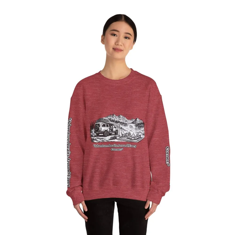 6390205058737009910_2048.jpeg Unisex Heavy Blend™ Crewneck Sweatshirt — "Adventure Awaits Around Every Corner" Design Minimal-Line