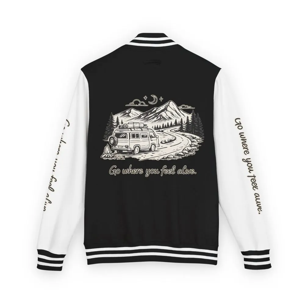 6417752667309419436_2048.jpeg Unisex Heavyweight Letterman Jacket — "Go Where You Feel Alive" Travel Varsity Coat