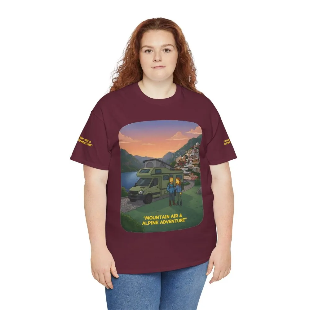 6418317691733704354_2048.jpeg Unisex Heavy Cotton Tee — "Mountain Air And Alpine Adventure" Design Sitcom-Line