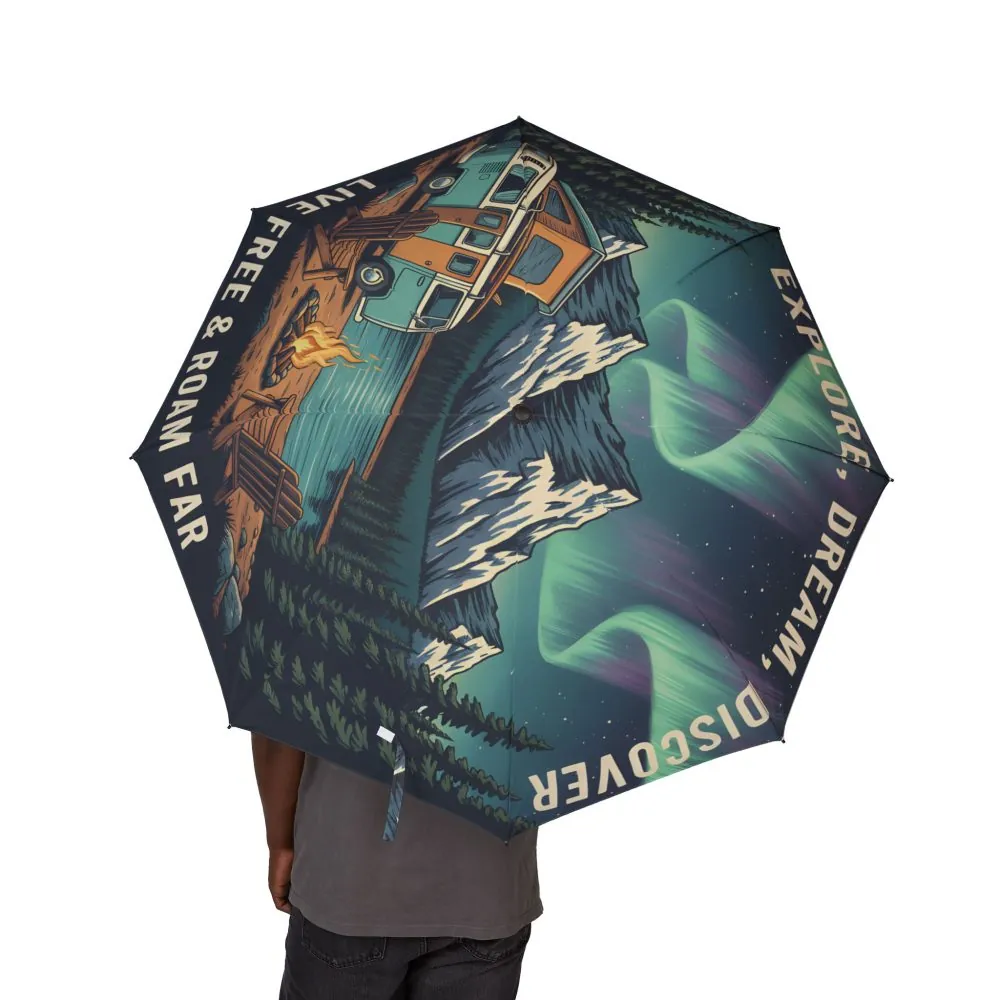 Semi-Automatic Foldable Umbrella — "Explore Dream Discover" Vintage Adventure Print