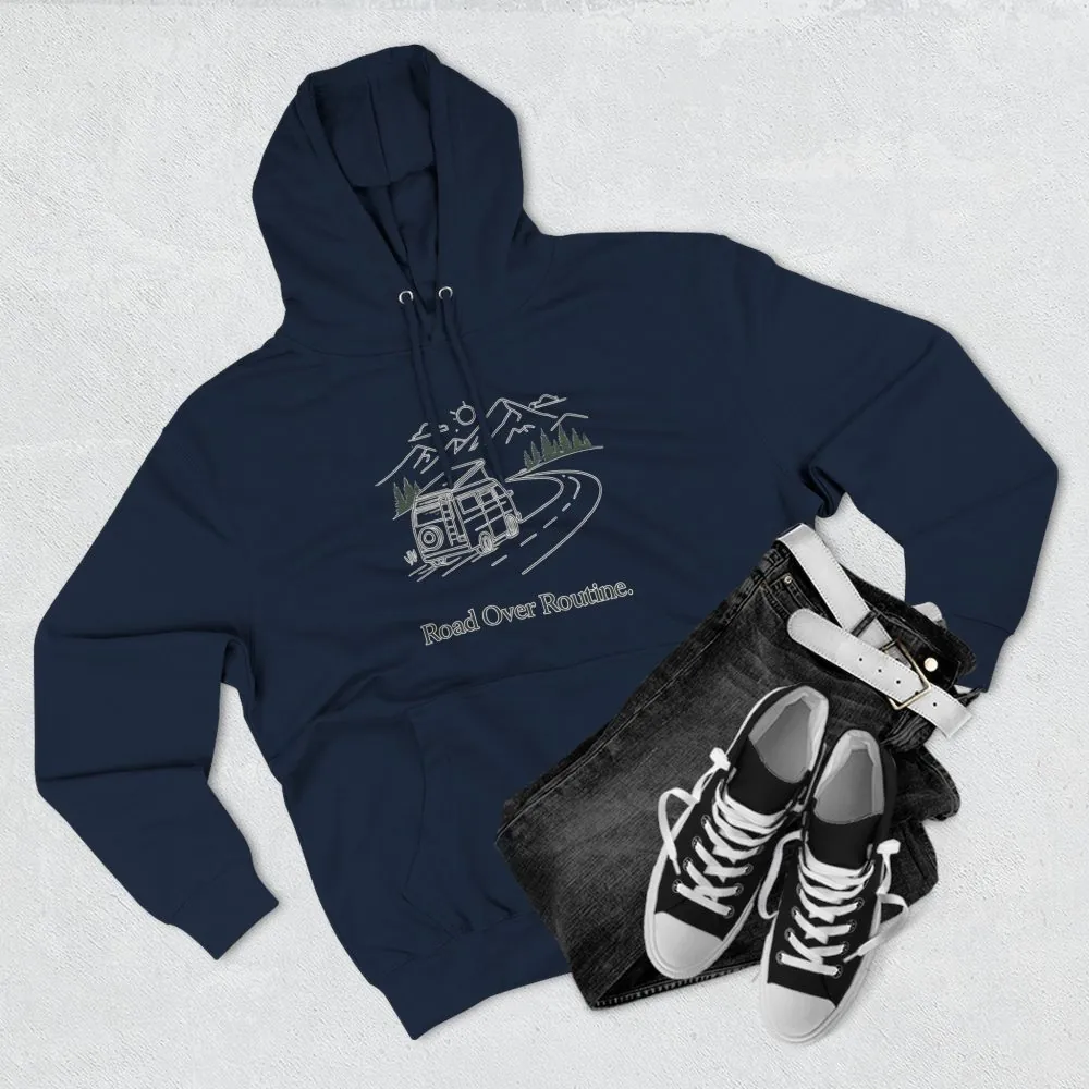 Three-Panel Fleece Hoodie - "Road Over Routine" Design Minimal-Line