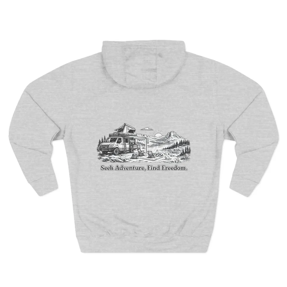 Three-Panel Fleece Hoodie - "Seek Adventure, Find Freedom" Design Minimal-Line