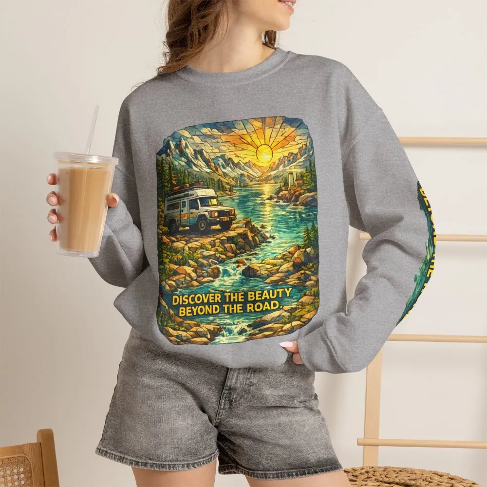 6461974828993436234_2048.jpeg Unisex Heavy Blend™ Crewneck Sweatshirt — "Discover The Bieuty Beyond The Road" Design Cubic-Line