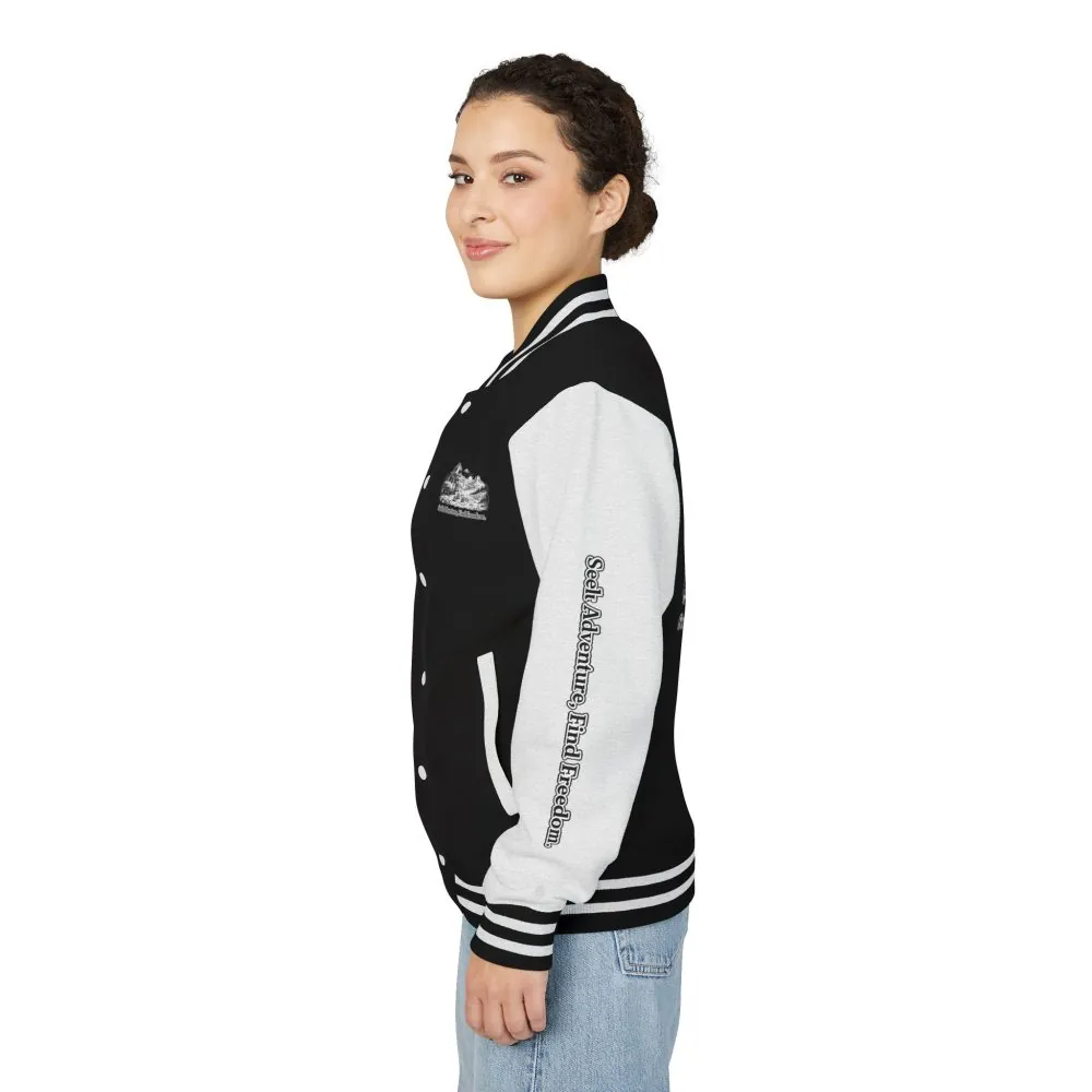 Unisex Heavyweight Letterman Jacket — "Seek Adventure, Find Freedom" Travel Varsity Coat
