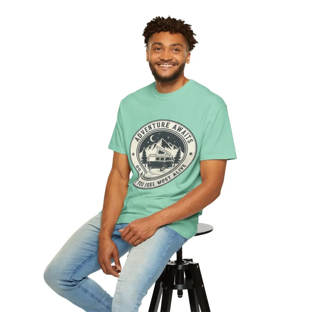 6481759071212585447_2048.jpeg T-Shirt — "Adventure Awaits-Go Where You Feel Most Alive" (Front + Back Printed) Outdoor Travel Tee