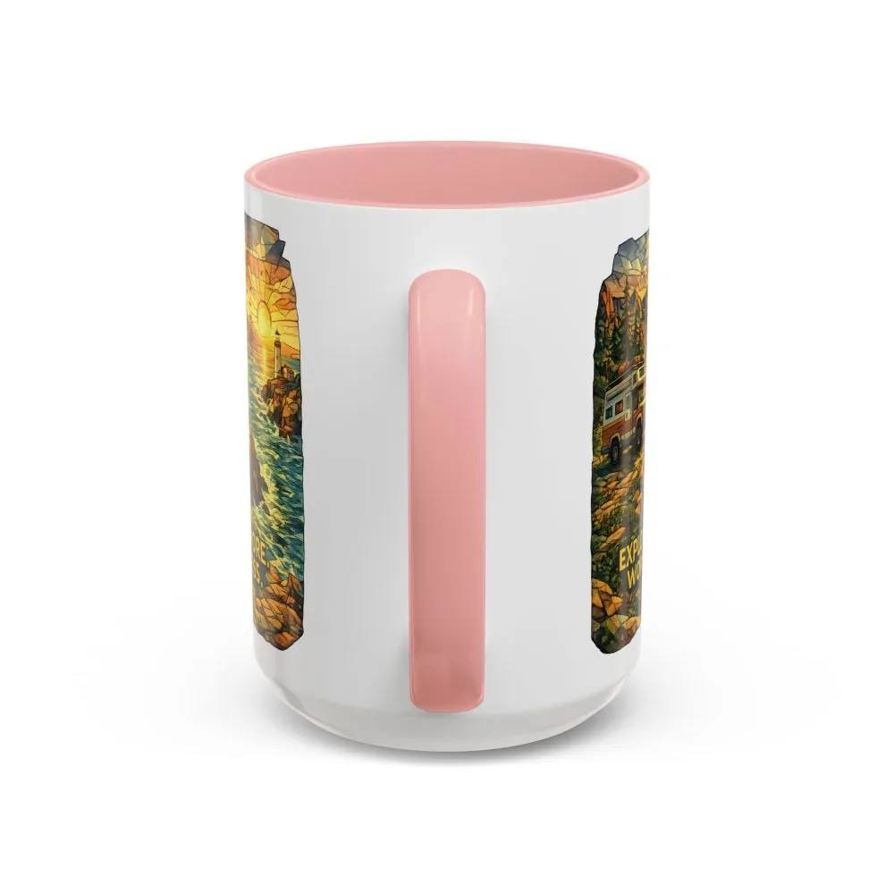 Accent Coffee Mug (11, 15oz) — "Explore More Worry Less" Design Cubic-Line