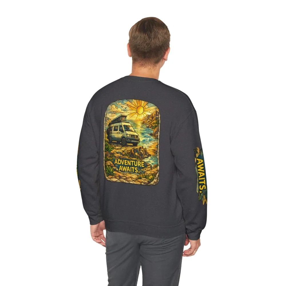Unisex Heavy Blend™ Crewneck Sweatshirt — "Adventure Awaits" Design Cubic-Line