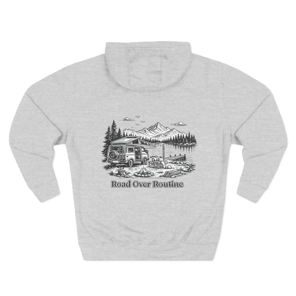 Three-Panel Fleece Hoodie - "Road Over Routine" Design Minimal-Line