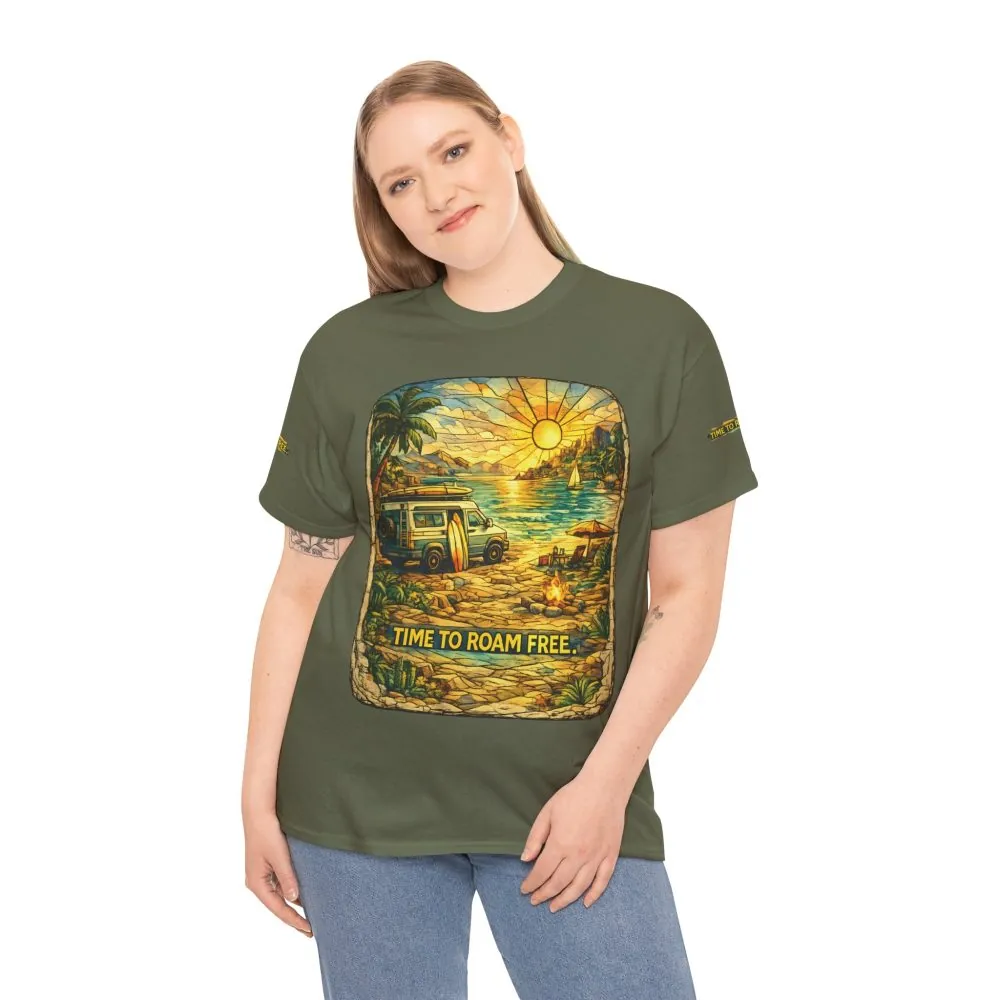 Unisex Heavy Cotton Tee — "Time To Roam Free" Design Cubic-Line