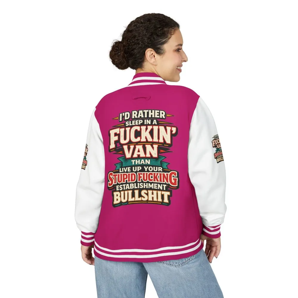 6528974038494761413_2048.jpeg Unisex Heavyweight Letterman Jacket — "I´d Rather Sleep in A Fucking Van" Design F**K-Line