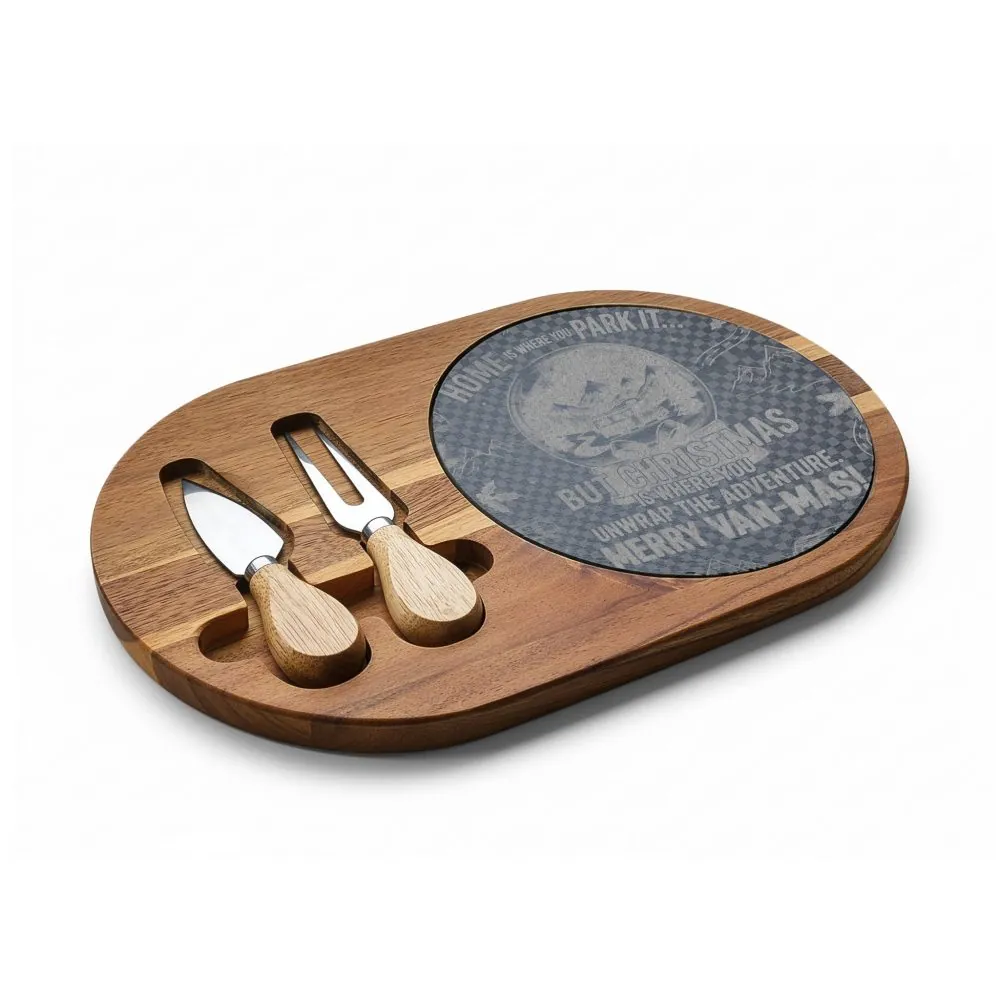 6545290961633799448_2048.jpeg "Gift" Engraved Oak Charcuterie Board with Cheese Tools — "Home Is Where You Park It-But Christmas Is Where You Unwrap The Adventure - Merry Van-mas"