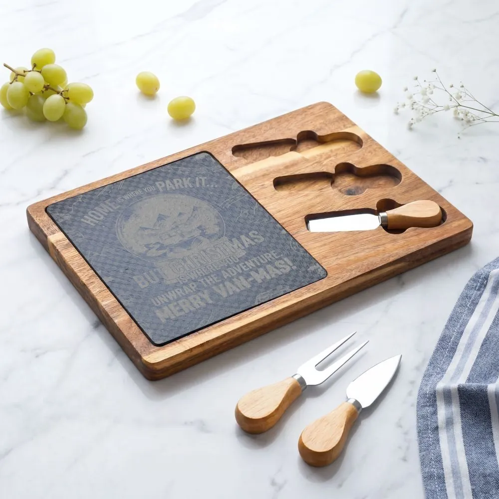6573665932179032626_2048.jpeg "Gift" Engraved Oak Charcuterie Board with Cheese Tools — "Home Is Where You Park It-But Christmas Is Where You Unwrap The Adventure - Merry Van-mas"