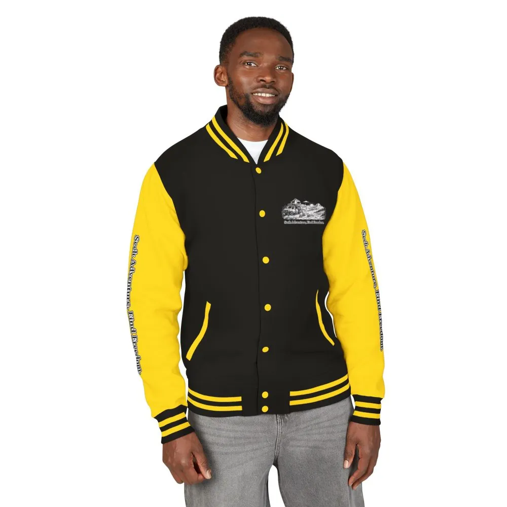Unisex Heavyweight Letterman Jacket — "Seek Adventure, Find Freedom" Travel Varsity Coat
