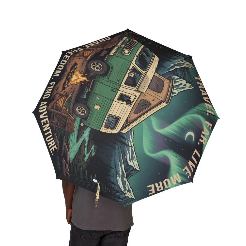 Semi-Automatic Foldable Umbrella — "Travel Far Live More" Vintage Adventure Print
