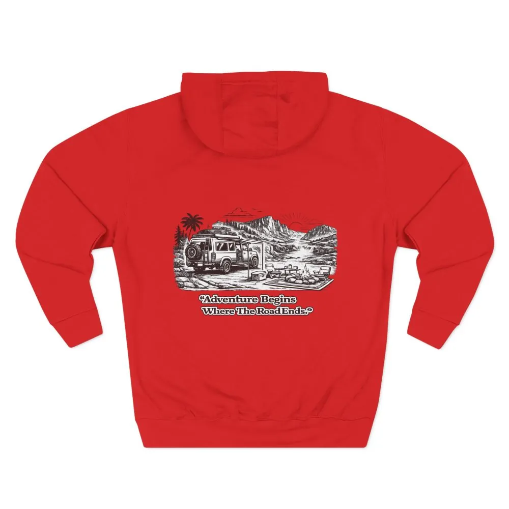 6622181003471187499_2048.jpeg Three-Panel Fleece Hoodie - "Adventure Begins Where The Road Ends" Design Minimal-Line