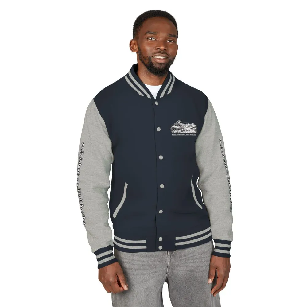 Unisex Heavyweight Letterman Jacket — "Seek Adventure, Find Freedom" Travel Varsity Coat