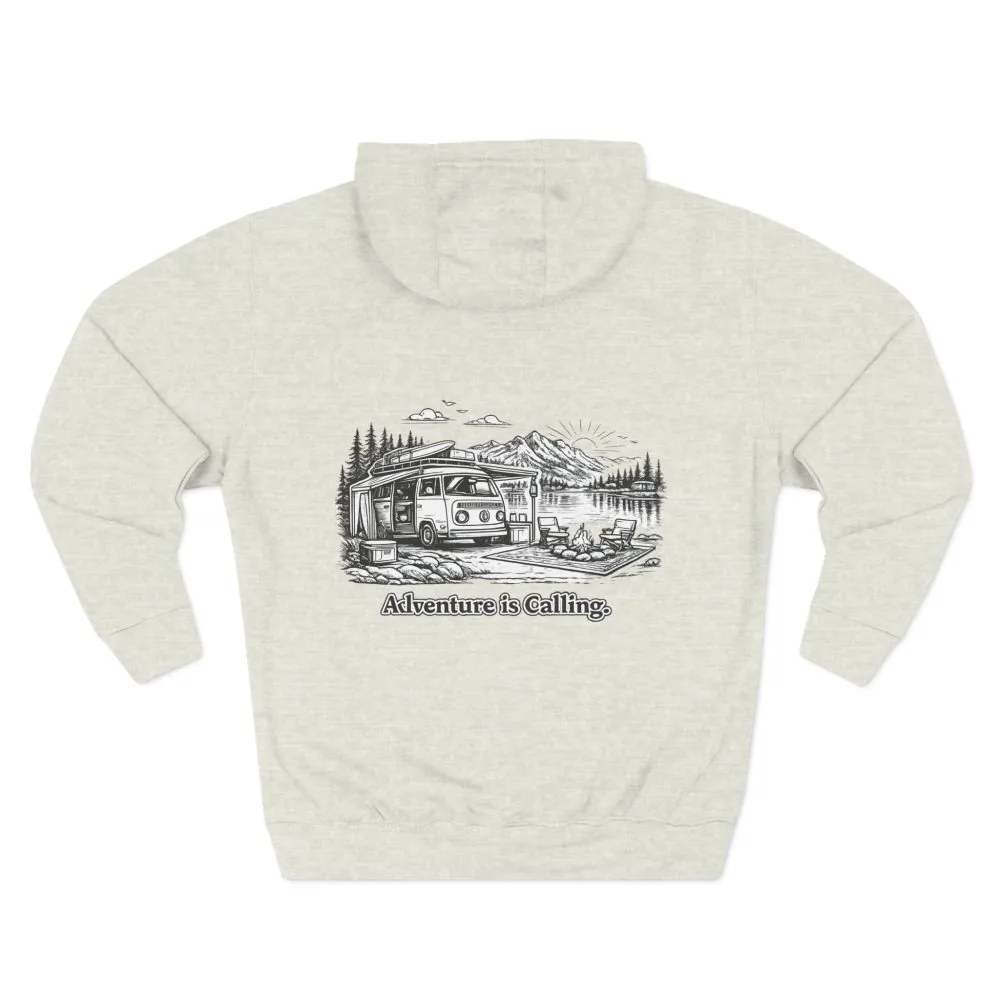Three-Panel Fleece Hoodie - "Adventure Is Calling" Design Minimal-Line