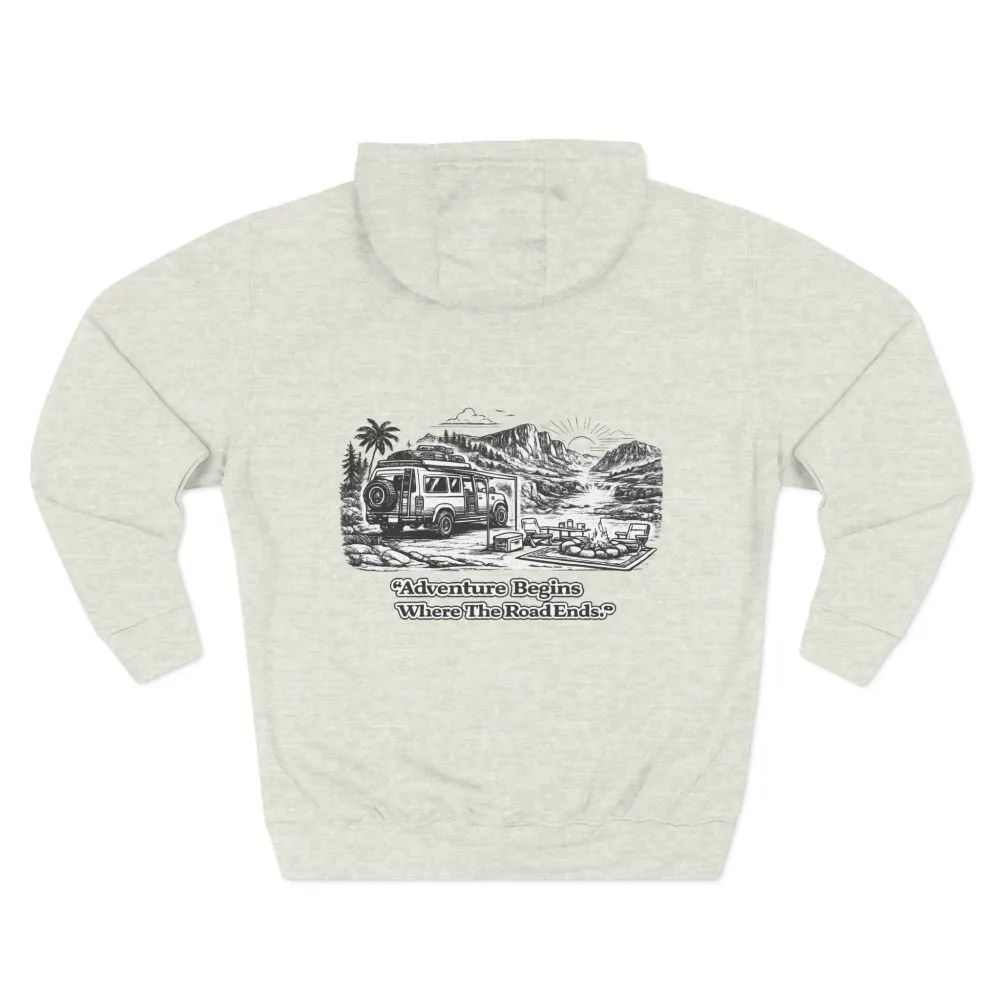 6699089374904251000_2048.jpeg Three-Panel Fleece Hoodie - "Adventure Begins Where The Road Ends" Design Minimal-Line