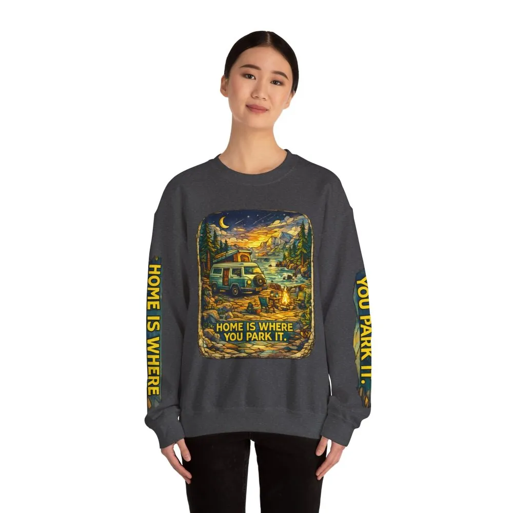 6716194931232624752_2048.jpeg Unisex Heavy Blend™ Crewneck Sweatshirt — "Home Is Where You Park It" Design Cubic-Line