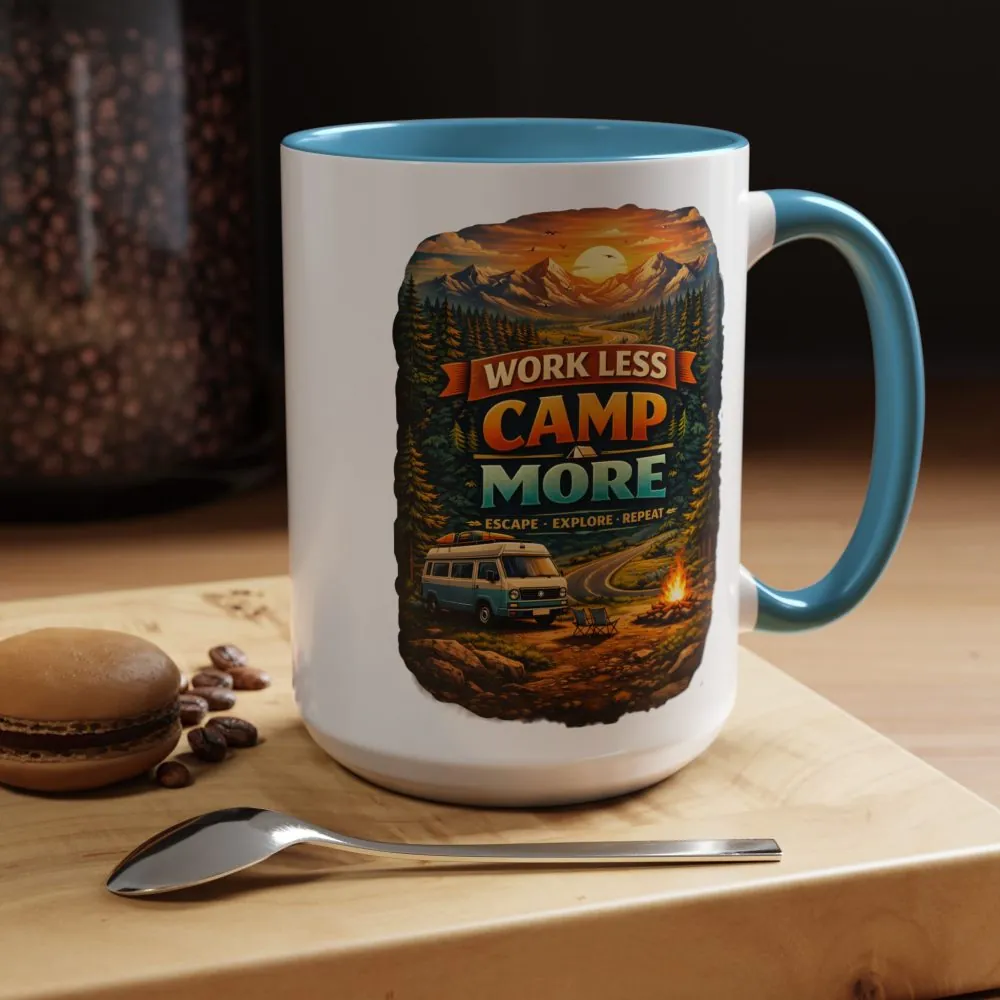 Accent Coffee Mug (11, 15oz) — "Work Less-Camp More" Design Scenic-Line