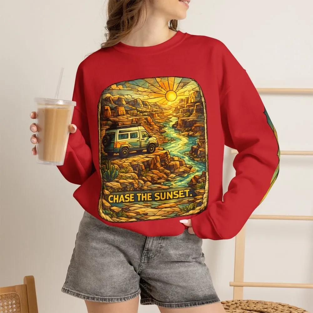 Unisex Heavy Blend™ Crewneck Sweatshirt — "Chase The Sunset" Design Cubic-Line