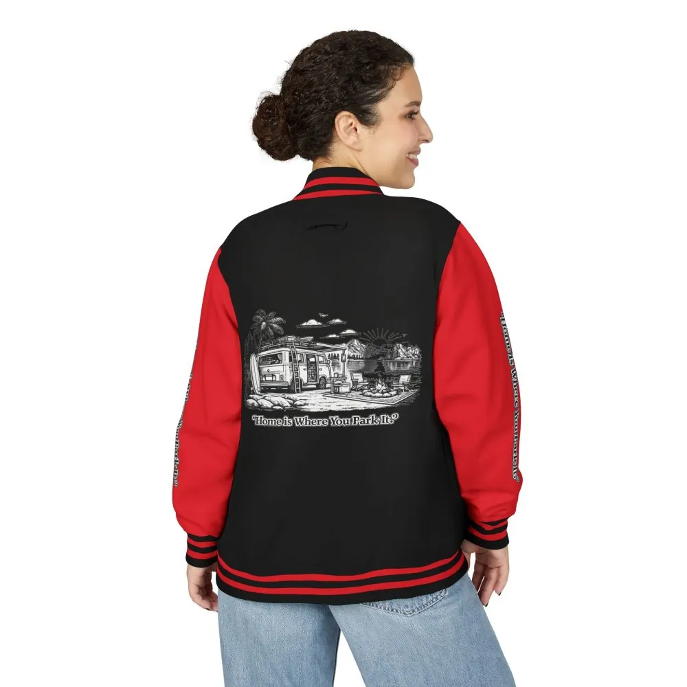6807740459333026390_2048.jpeg Unisex Heavyweight Letterman Jacket — "Home Is Where You Park It" Travel Varsity Coat