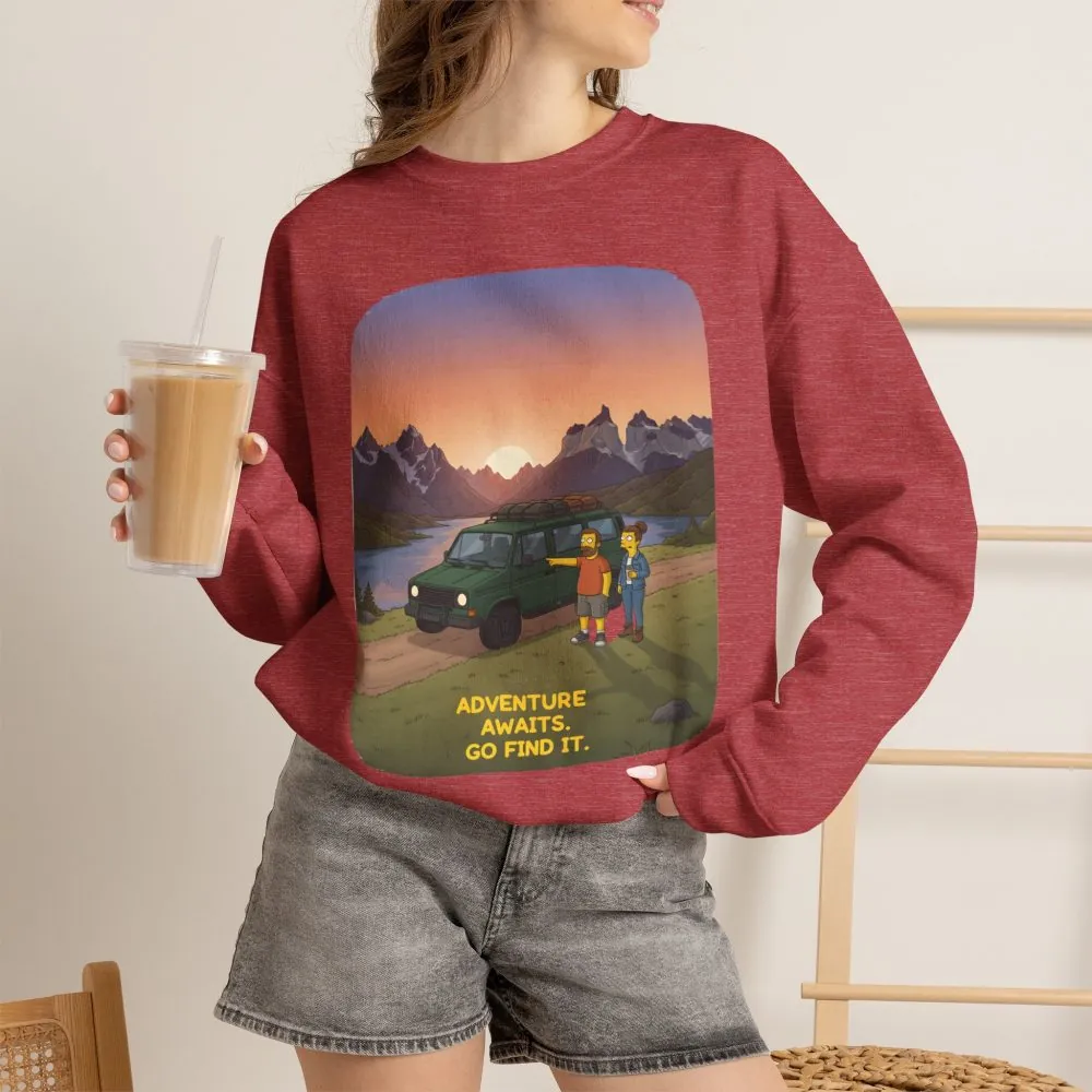 Unisex Heavy Blend™ Crewneck Sweatshirt — "Adventure Awaits-Go Find It" Design Sitcom-Line