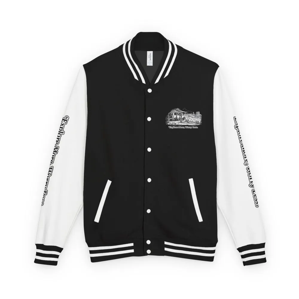 6811098655400755513_2048.jpeg Unisex Heavyweight Letterman Jacket — "Explore More Worry Less" Travel Varsity Coat